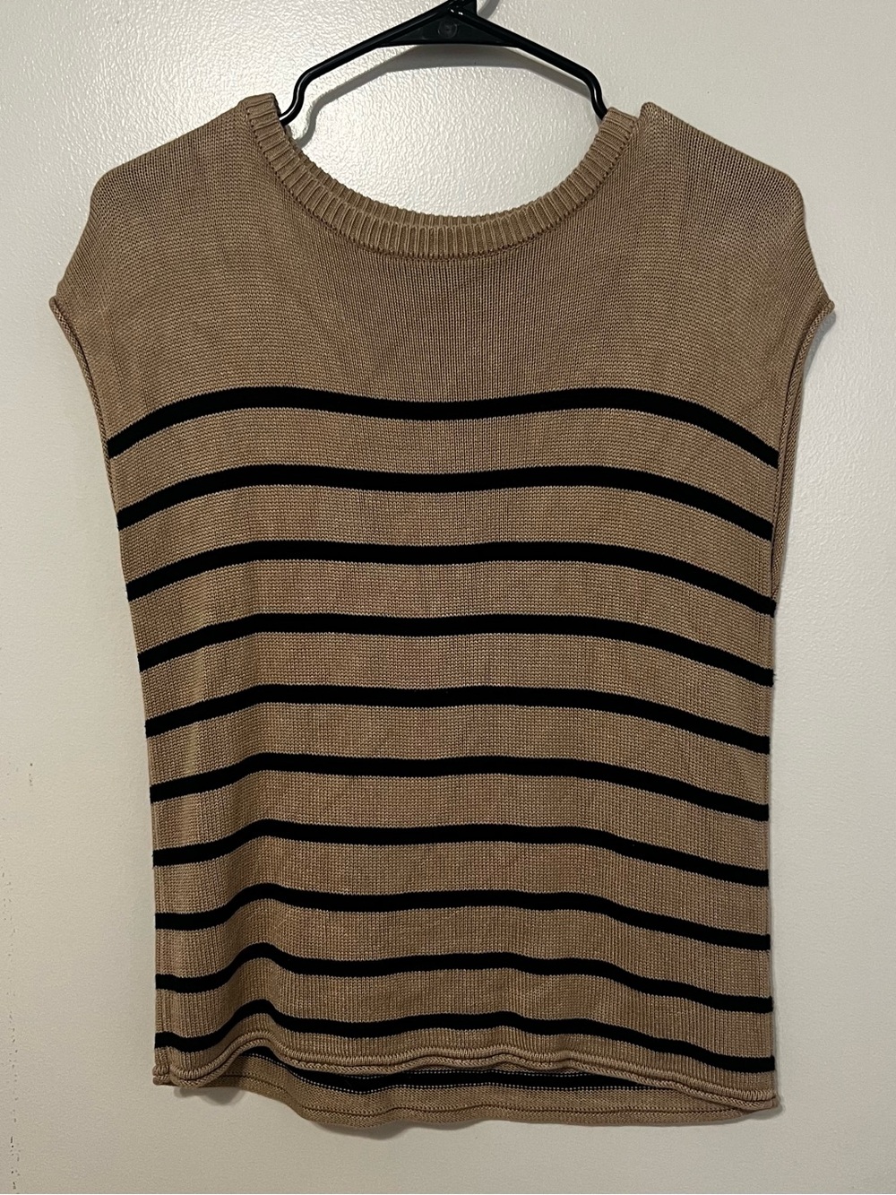 T.J.Maxx Beige and Black Striped Knit sweater Short Sleeve Tee